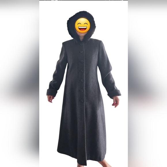 Worthington Long Wool Womens Trench Coat 10 P Rabbit Fur Trim Hooded Gray Vtg - Picture 4 of 15